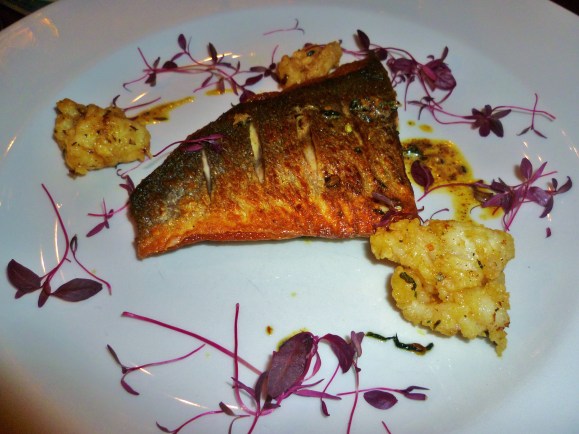 Sea Bream in a Spiced Butter with a Squid Garnish, wilted Spinach with Fenugreek