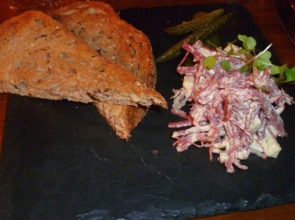 Potted salt beef, cornichons and toast